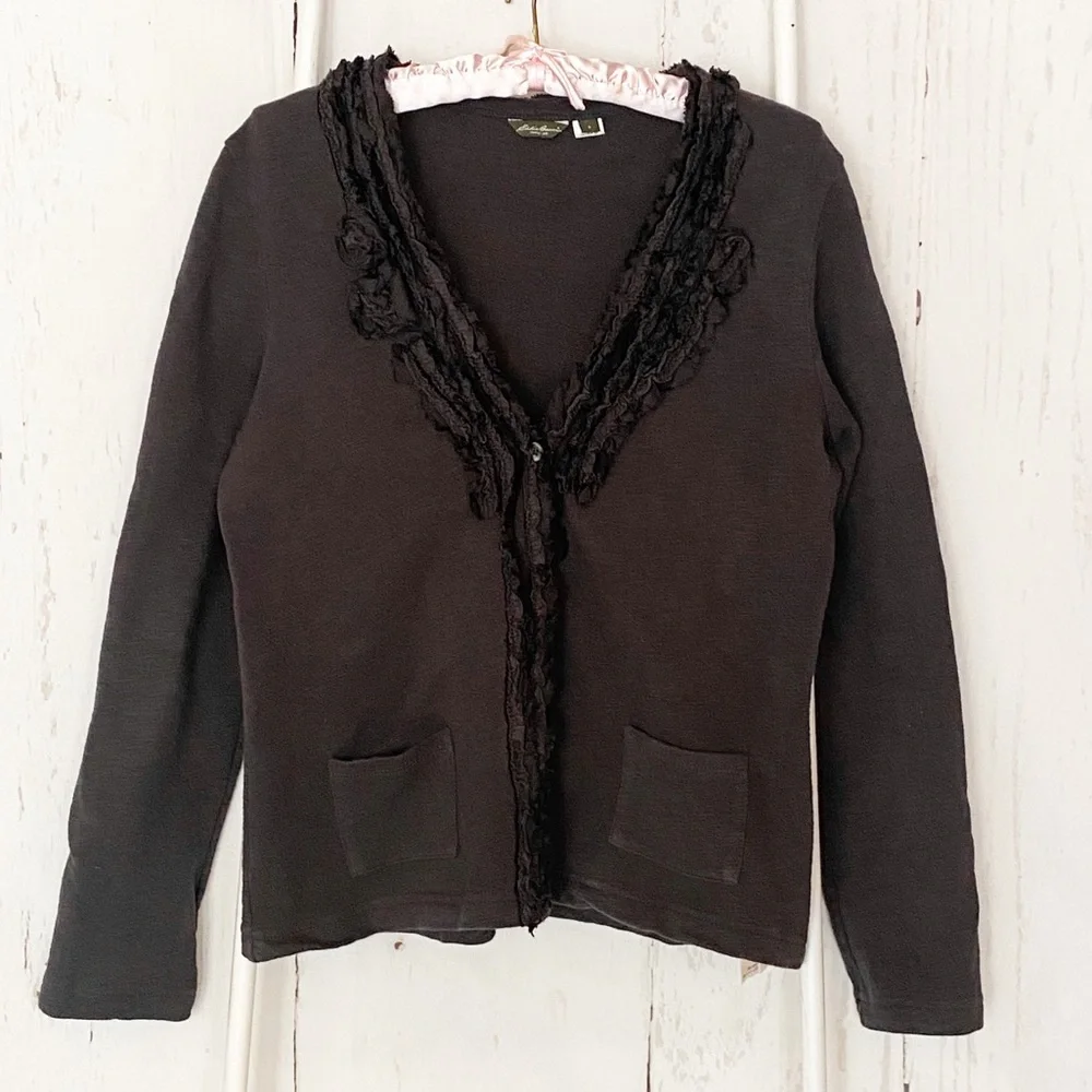Eddie Bauer Gray V Neck Ruffle Trim Cardigan Small